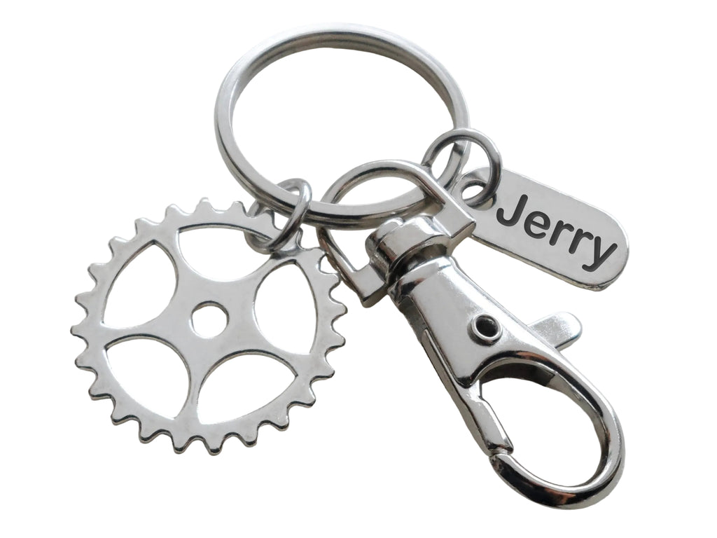 Employee Appreciation Gifts • Silver Gear Keychain with Clasp & Custom Engraved Thank You Tag by JewelryEveryday with "Thanks for being an essential part of our team!" Card