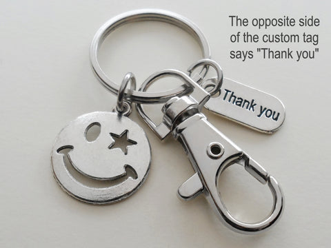 Employee or Volunteer Appreciation Gift • Silver Smiley Face Keychain with Clasp and Personalized Thank You Tag by JewelryEveryday with "Thanks for being a joy to work with!" Card