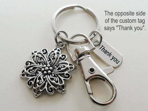 Teacher Appreciation Gifts • Customized "Thank You" Tag & Flower Charm Keychain with Clasp by JewelryEveryday with "Thanks for helping our school bloom!" Card