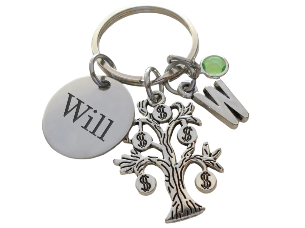 Accountant Student Charm Keychain with Money Tree Charm & Custom Engraved Disc; For Accountant, Bookkeeper or Entrepreneur