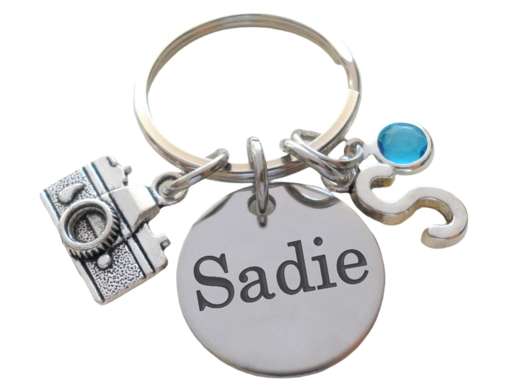 Camera Charm Keychain with Custom Engraved Disc, Photographer Gift