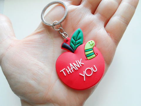 Teacher Appreciation Keychain with Red Silicone Thank You Apple and Custom Engraved Tag by JewelryEveryday