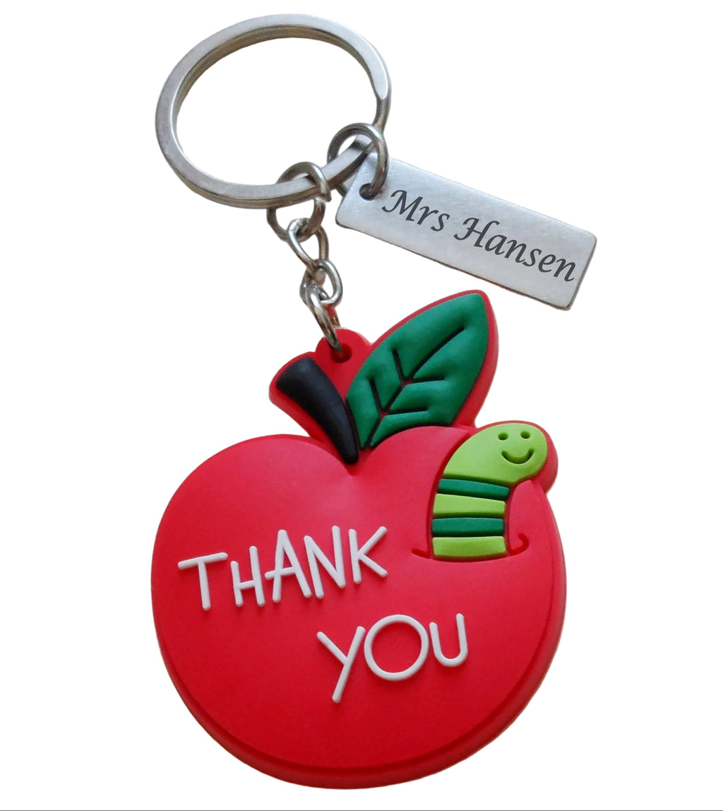 Teacher Appreciation Keychain with Red Silicone Thank You Apple and Custom Engraved Tag by JewelryEveryday