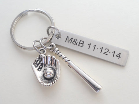 Baseball Bat and Baseball Mitt Charm Keychain and Steel Tag Custom Engraved, Baseball Fan Keychain Gift by Jewelry Everyday
