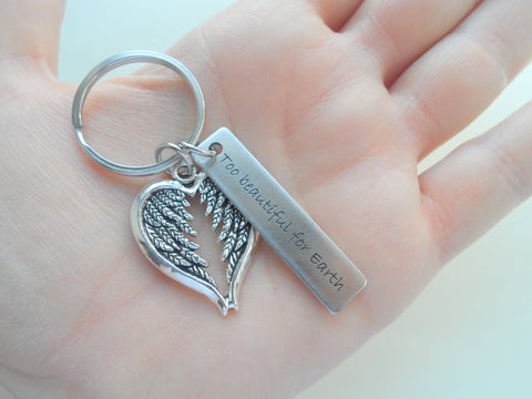 Wings Charm and Custom Engraved Steel Tag Keychain, Memorial Gift Keychain by Jewelry Everyday