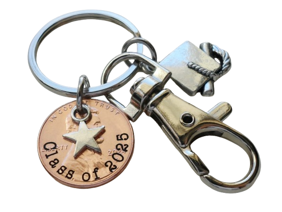"Class Of 2025" Engraved Penny Keychain with Star, Graduate Cap Charm & Clasp by Jewelry Everyday