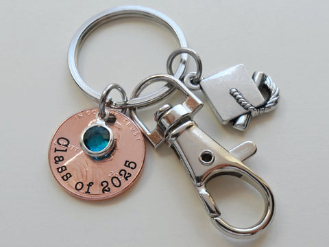 Custom "Class of 2025" Engraved Penny Keychain with Graduation Cap Charm, Clasp & Birthstone Charm, Personalized Graduate Keychain by Jewelry Everyday