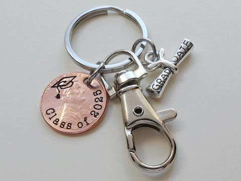 "Class Of 2025" Engraved Penny Keychain with Engraved Graduate Cap & with Graduate Scroll Charm and Clasp
