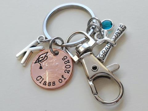 Custom "Class of 2025" Engraved Penny Keychain with Engraved Graduation Cap and with Graduate Scroll Charm and Clasp & Initial Charm Option, Personalized Graduate Keychain