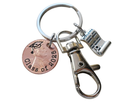 "Class Of 2025" Engraved Penny Keychain with Engraved Graduate Cap & with Graduate Diploma Charm and Clasp
