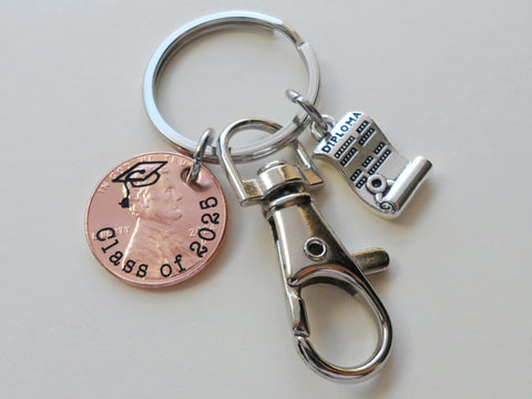 "Class Of 2025" Engraved Penny Keychain with Engraved Graduate Cap & with Graduate Diploma Charm and Clasp