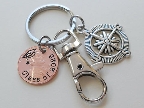 "Class Of 2025" Engraved Penny Keychain with Engraved Graduate Cap & with Compass Charm and Clasp by Jewelry Everyday