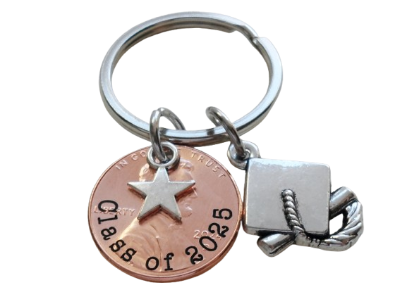 "Class Of 2025" Engraved Penny Keychain with Star & Graduate Cap Charm, Graduation Keychain by Jewelry Everyday