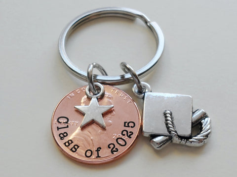 "Class Of 2025" Engraved Penny Keychain with Star & Graduate Cap Charm, Graduation Keychain by Jewelry Everyday