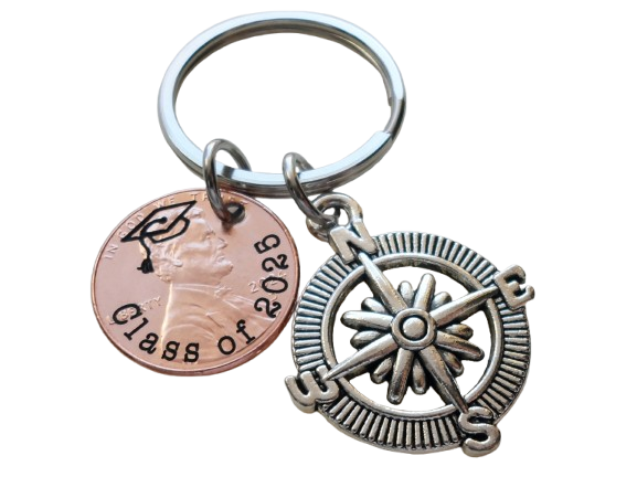 "Class Of 2025" Engraved Penny Keychain with Engraved Graduate Cap & with Compass Charm by Jewelry Everyday