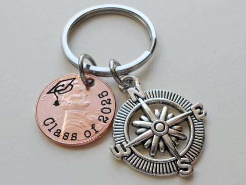 "Class Of 2025" Engraved Penny Keychain with Engraved Graduate Cap & with Compass Charm by Jewelry Everyday