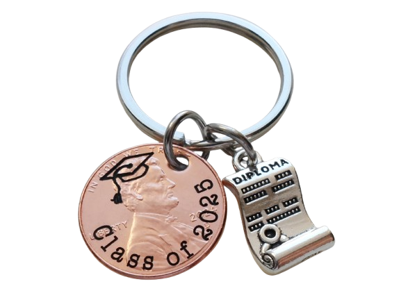 "Class Of 2025" Engraved Penny Keychain with Engraved Graduate Cap & with Diploma Charm by Jewelry Everyday