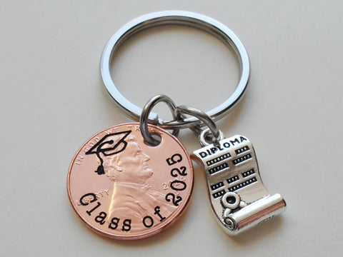"Class Of 2025" Engraved Penny Keychain with Engraved Graduate Cap & with Diploma Charm by Jewelry Everyday