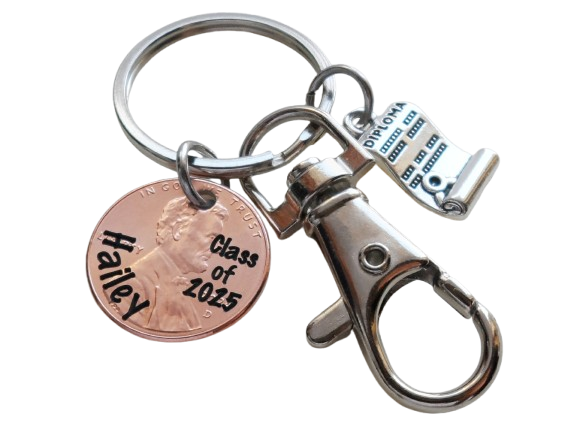 Custom Engraved Graduation Penny Keychain with Diploma Charm & Clasp, "Class of 2025" Engraved Penny Personalized with Name, Graduate Keychain