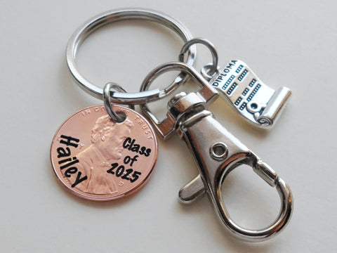 Custom Engraved Graduation Penny Keychain with Diploma Charm & Clasp, "Class of 2025" Engraved Penny Personalized with Name, Graduate Keychain