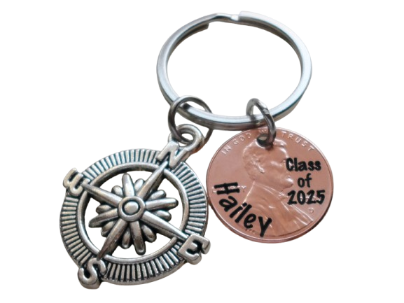 Custom Engraved "Class of 2025" and Name on Penny Keychain with Compass Charm, Personalized Graduate Keychain, For Graduation