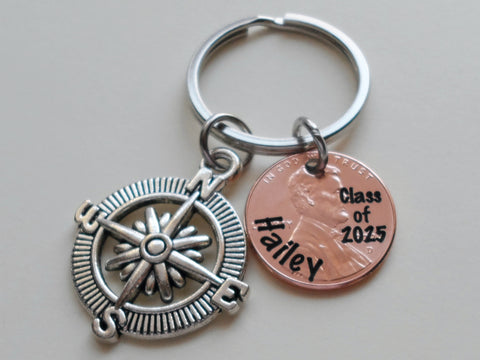 Custom Engraved "Class of 2025" and Name on Penny Keychain with Compass Charm, Personalized Graduate Keychain, For Graduation