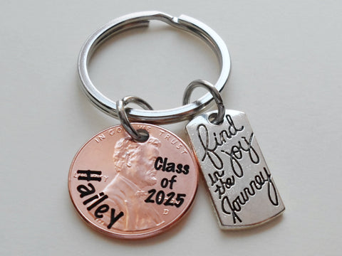 Custom Engraved Graduation Penny Keychain with Engraved "Class of 2025" and Personalized Name, & Find Joy in the Journey Charm, Graduate Keychain