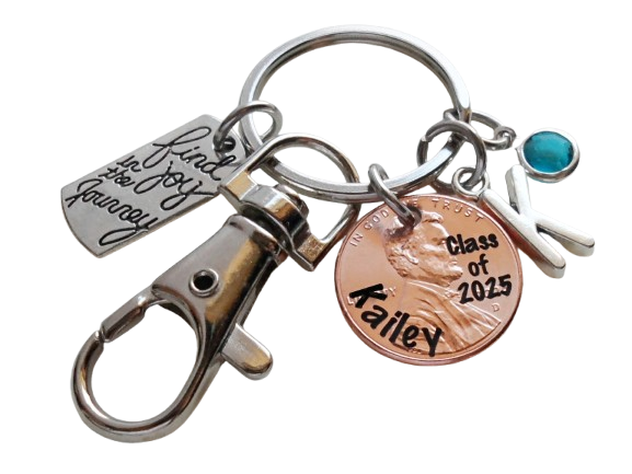 "Class Of 2025" Engraved Penny Keychain with Custom Graduate Name with Find Joy in the Journey Charm & Clasp; Graduation Gift