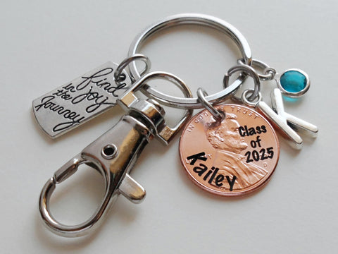 "Class Of 2025" Engraved Penny Keychain with Custom Graduate Name with Find Joy in the Journey Charm & Clasp; Graduation Gift