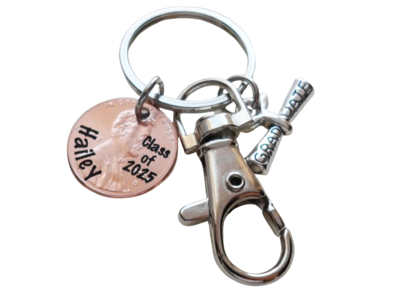 Custom Engraved Graduation Penny Keychain with Graduate Scroll Charm & Clasp, "Class of 2025" Engraved Penny Personalized with Name, Graduate Keychain