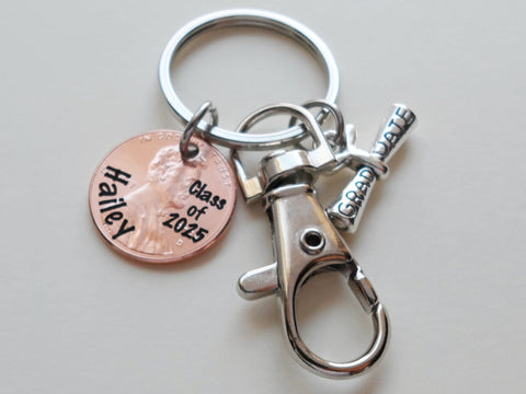 Custom Engraved Graduation Penny Keychain with Graduate Scroll Charm & Clasp, "Class of 2025" Engraved Penny Personalized with Name, Graduate Keychain