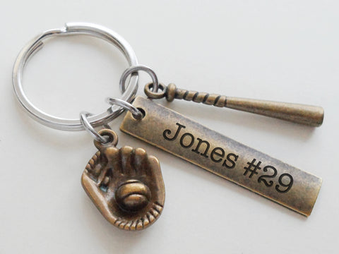 Baseball or Softball Keychain with Bronze Baseball Glove & Bat Charm & Custom Engraved Tag; Team Player or Coach Gift by JewelryEveryday