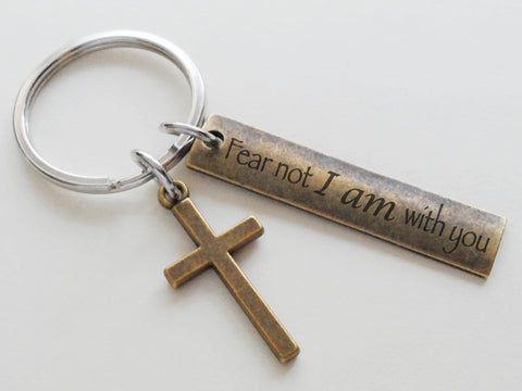 Bronze Cross Charm Keychain with Engraved "Fear Not I am With You" Tag, Religious Christian Keychain