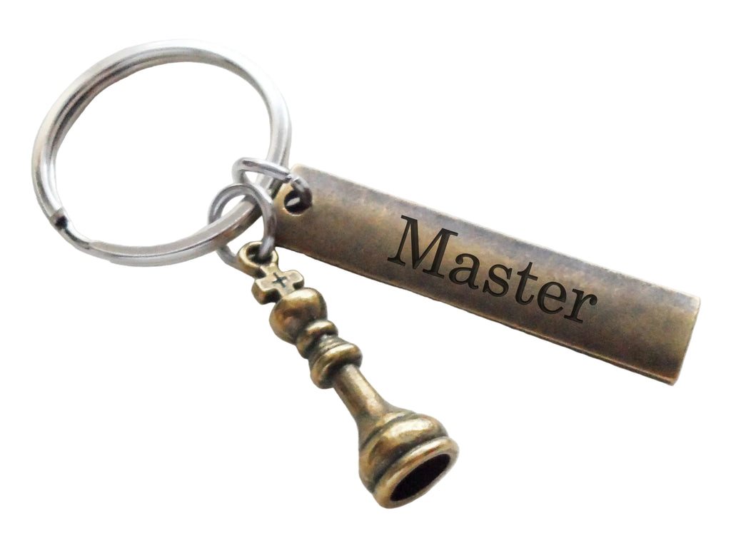 Bronze Small King Chess Piece Charm Keychain with Custom Engraved Rectangle Tag by JewelryEveryday