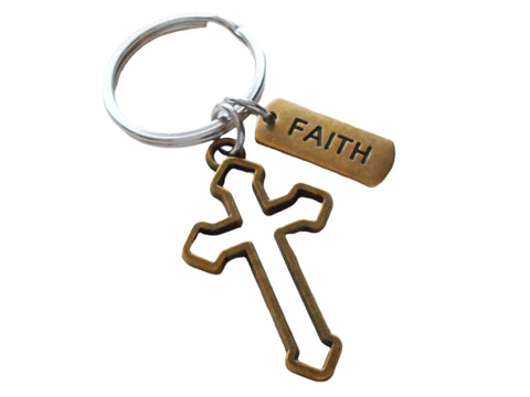 Bronze Cross Charm Keychain with Faith Tag & Personalized with Initial Charm, Religious Keychain by JewelryEveryday