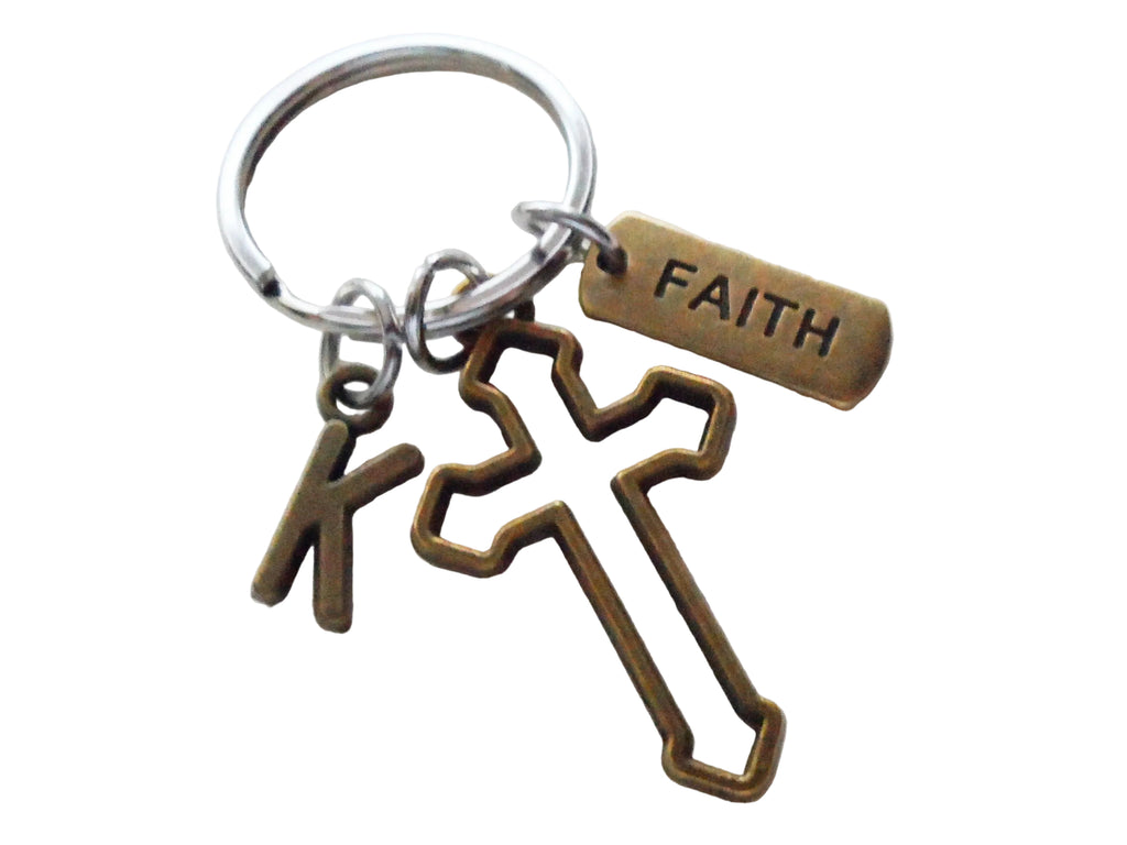 Bronze Cross Charm Keychain with Faith Tag & Personalized with Initial Charm, Religious Keychain by JewelryEveryday