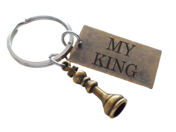 Bronze Small King Chess Piece Charm Keychain with My King Engraved Rectangle Tag