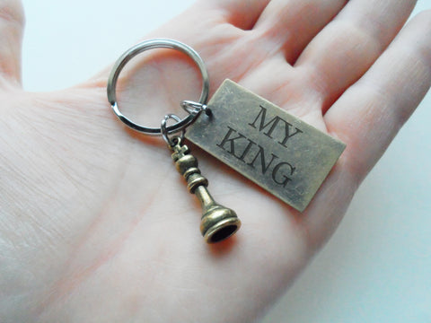 Bronze Small King Chess Piece Charm Keychain with My King Engraved Rectangle Tag