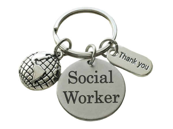 Social Worker Gift Keychain with World Globe and Thank You Charm, Community Advocate Gift, Thank you Gift