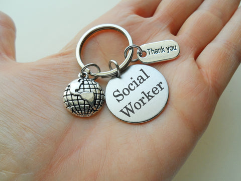 Social Worker Gift Keychain with World Globe and Thank You Charm, Community Advocate Gift, Thank you Gift