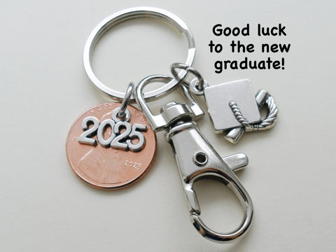 Graduation Penny Keychain with 2025 Charm Over a 2025 Penny, Graduate Cap Charm & Swivel Clasp, Class of 2025 - by Jewelry Everyday