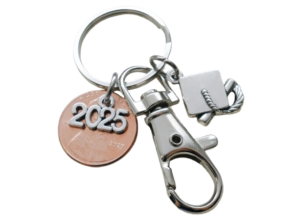 Graduation Penny Keychain with 2025 Charm Over a 2025 Penny, Graduate Cap Charm & Swivel Clasp, Class of 2025 - by Jewelry Everyday