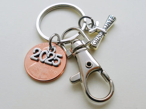 Graduation Penny Keychain with 2025 Charm Over a 2025 Penny, Graduate Scroll Charm & Swivel Clasp, Class of 2025 - by Jewelry Everyday
