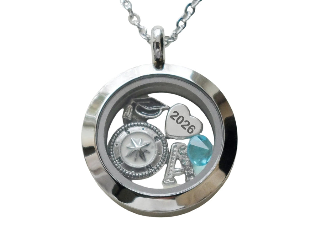 Class of 2026 Graduate Locket Necklace with Graduate Cap, 2026 Heart Charm, and Custom Letter & Birthstone - by Jewelry Everyday (Plain Edge Silver Locket)