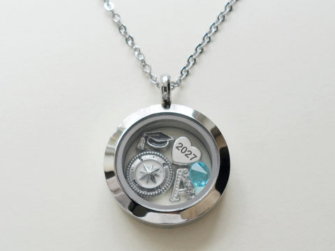 Class of 2026 Graduate Locket Necklace with Graduate Cap, 2026 Heart Charm, and Custom Letter & Birthstone - by Jewelry Everyday (Plain Edge Silver Locket)