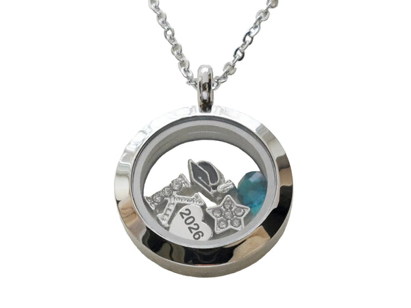 Class of 2026 Graduate Locket Necklace with Graduate Cap, 2026 Heart Charm, and Custom Letter & Birthstone - by Jewelry Everyday (Plain Edge Silver Locket)