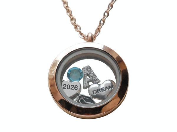 Class of 2026 Graduate Locket Necklace with Graduate Cap, 2026 Heart Charm, and Custom Letter & Birthstone - by Jewelry Everyday (Rose Gold Plain Edge Locket)