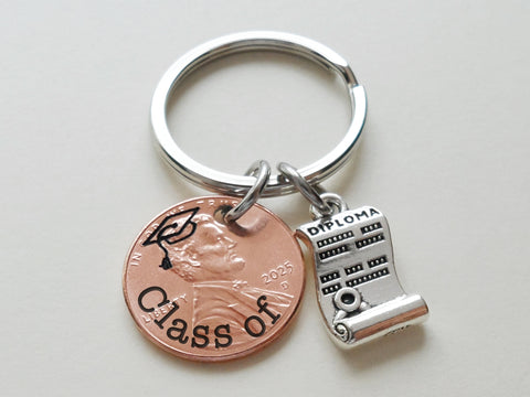 "Class Of" Engraved 2025 Penny Keychain with Engraved Graduate Cap & with Diploma Charm by Jewelry Everyday