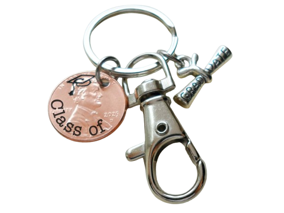 "Class Of" Engraved 2025 Penny Keychain with Engraved Graduate Cap & with Graduate Scroll Charm and Clasp