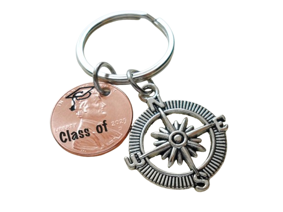 "Class of"  Engraved Graduation 2025 Penny Keychain with Engraved Graduate Cap & Compass Charm